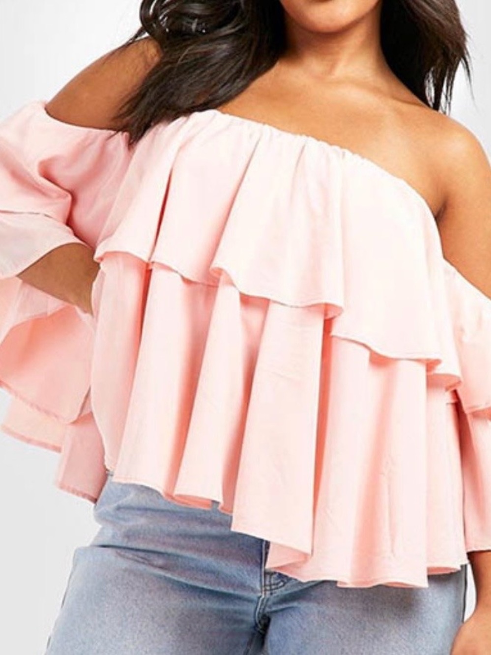 Boohoo Light Pink Off-Shoulder Ruffle Top